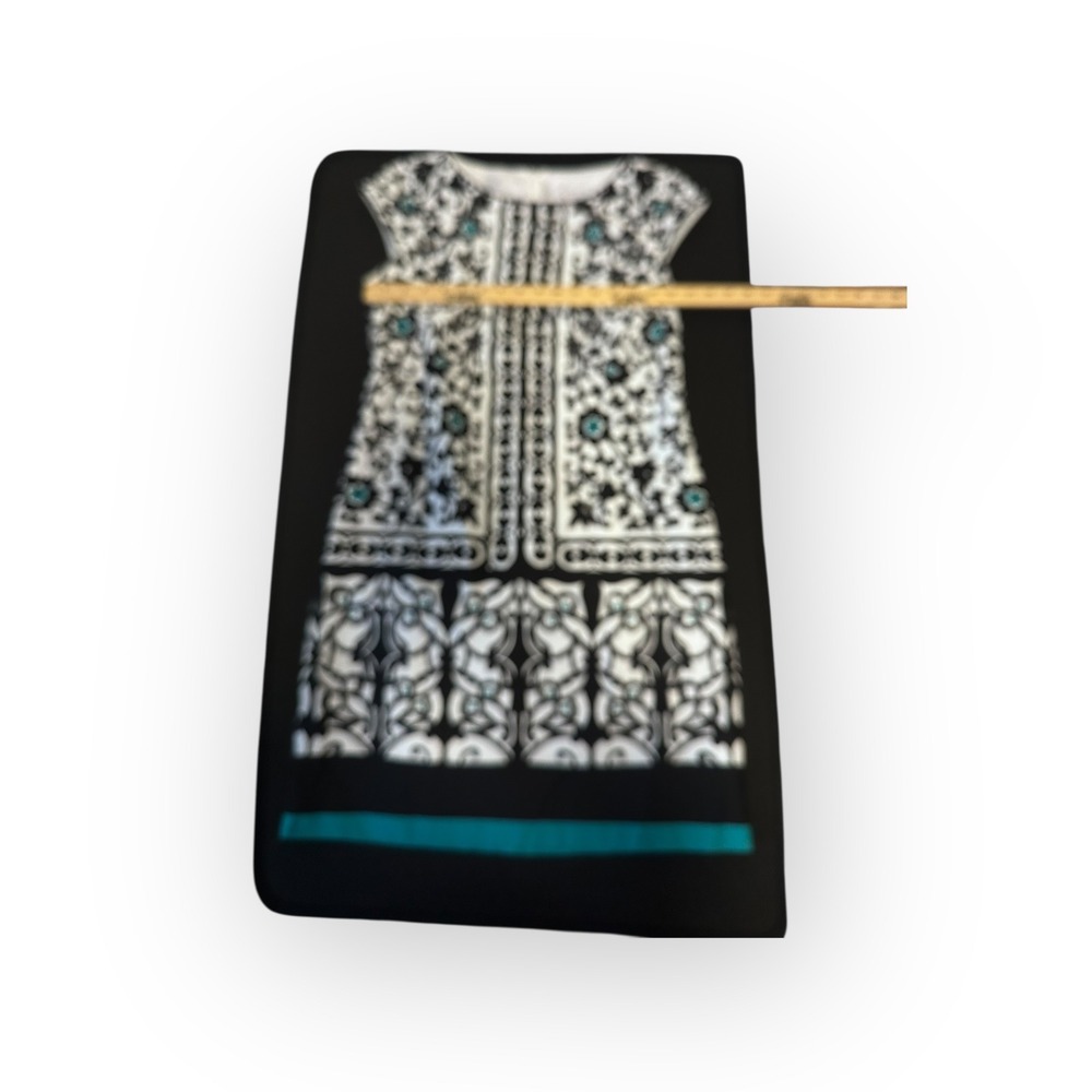 Liz Claiborne Sheath Dress Size 6 Black White Turquoise Scroll Border Print - Picture 14 of 16